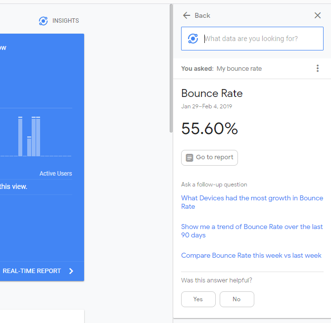 بخش insights در گوگل آنالیتیکس و سرچ کردن سوال bounce rate در آن